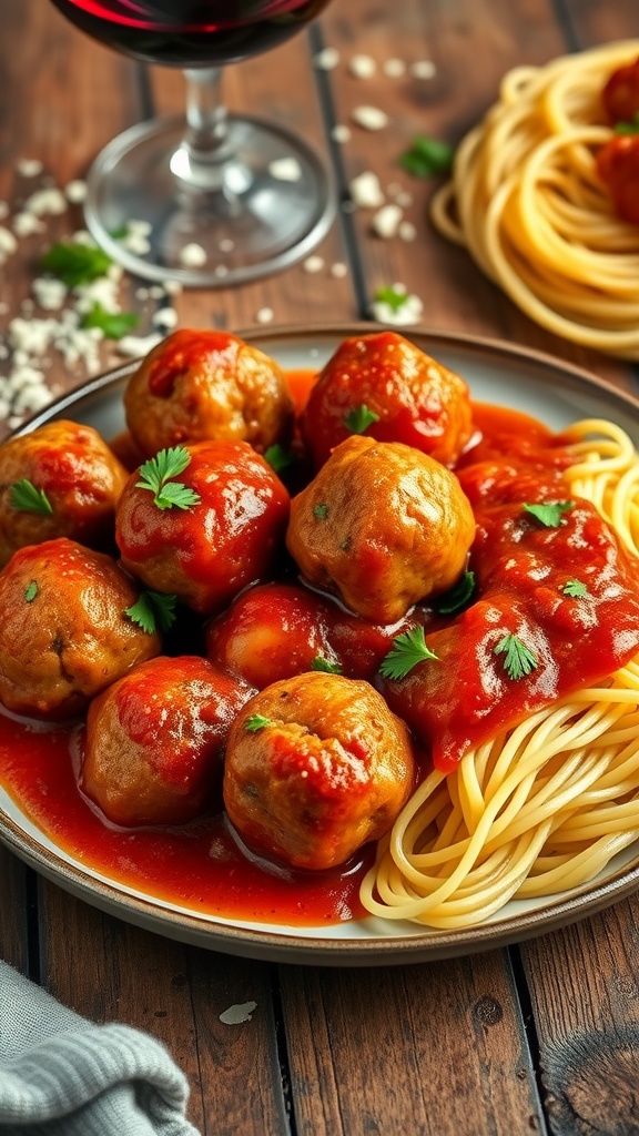 Baked meatballs in marinara sauce, garnished with parsley on a plate with spaghetti.